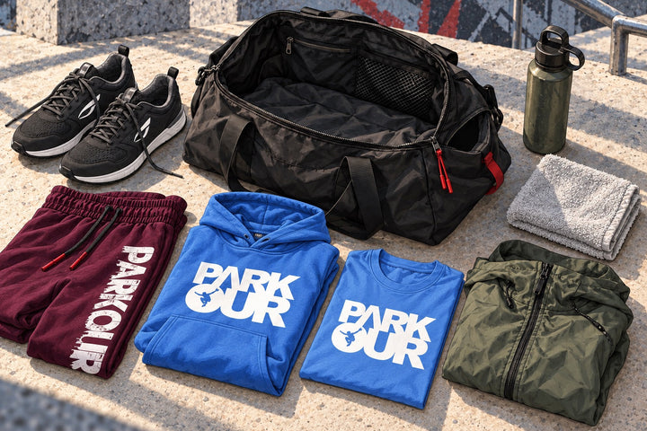 Ilustración de una bolsa de entrenamiento con zapatillas JIYO FLOW, ropa Parkour, agua y una capa adicional.