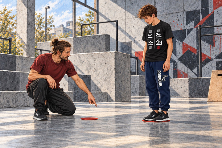 Ilustración de un chico adolescente con zapatillas JIYO FLOW que practica la colocación precisa de los pies junto a marcas planas.