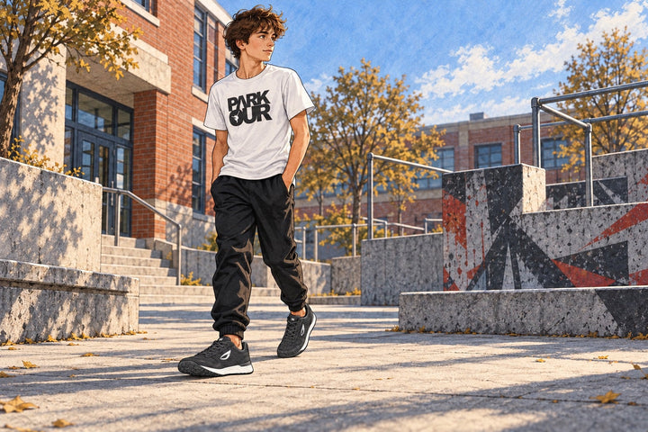 Ilustración de un chico adolescente con zapatillas JIYO FLOW y ropa con estampado Parkour que recorre un espacio urbano.