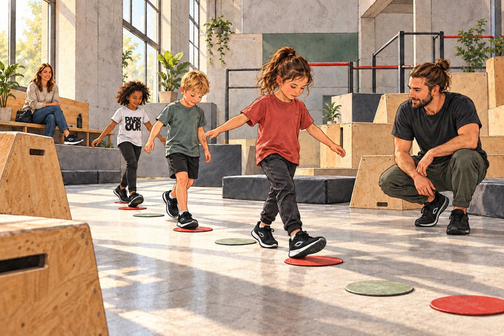 Ilustración de niños que siguen marcas en el suelo bajo la supervisión de un instructor. La imagen muestra zapatillas JIYO FLOW.