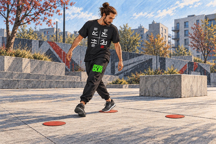 Ilustración de un chico adolescente con zapatillas JIYO FLOW y ropa con estampado Parkour que practica pasos y giros tranquilos.