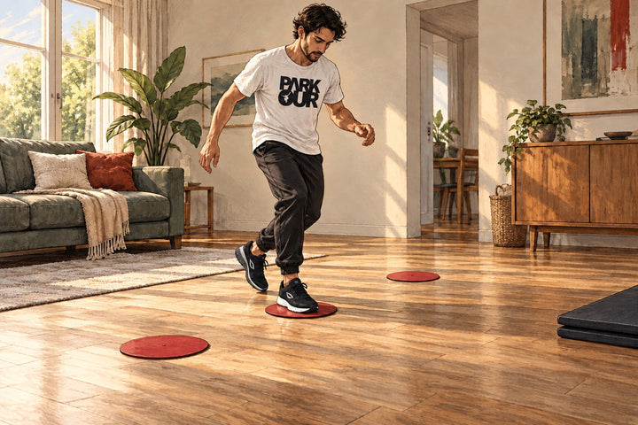 Ilustración de entrenamiento con marcas planas en el suelo de una zona despejada de casa. La imagen muestra zapatillas JIYO FLOW.