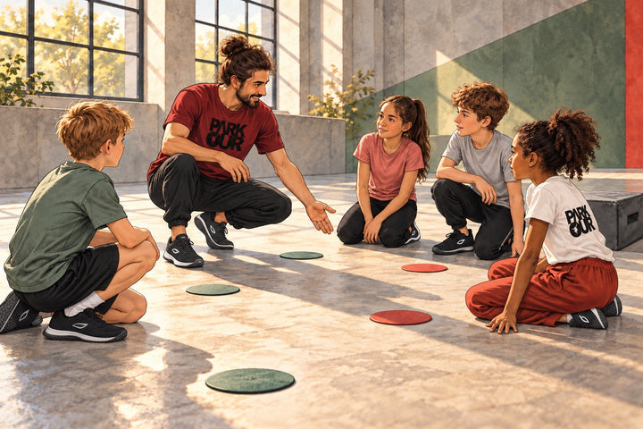 Ilustración de niños que reciben juntos una introducción a juegos de movimiento en el suelo de una sala. La imagen muestra zapatillas JIYO FLOW.
