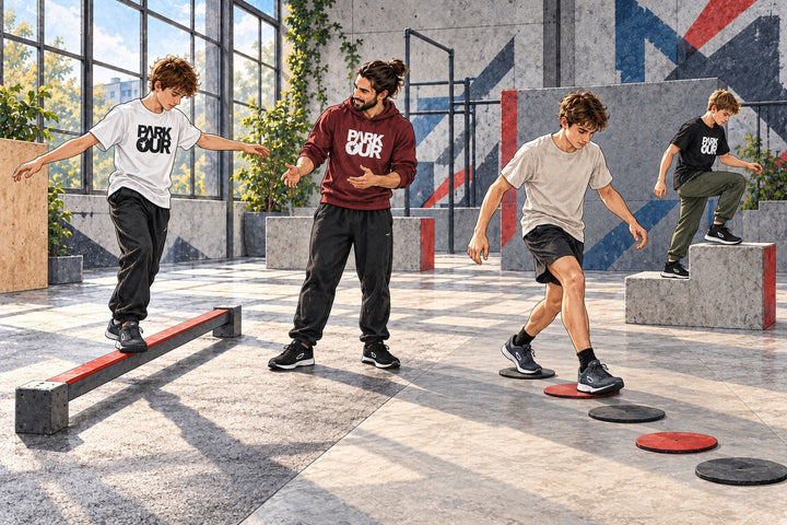 Ilustración de jóvenes con zapatillas JIYO FLOW en estaciones separadas con equilibrio, marcas y un bloque bajo.