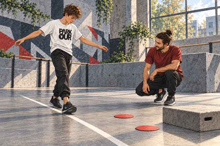 Ilustración de un chico adolescente con zapatillas JIYO FLOW que practica movimientos básicos con marcas en el suelo.