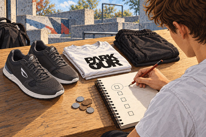 Ilustración de un presupuesto para principiantes con zapatillas JIYO FLOW, ropa Parkour y una lista de comprobación sencilla.