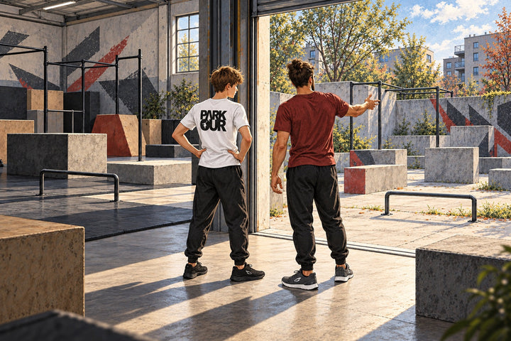 Ilustración de jóvenes con zapatillas JIYO FLOW junto a una sala de entrenamiento con las puertas abiertas a una zona exterior.