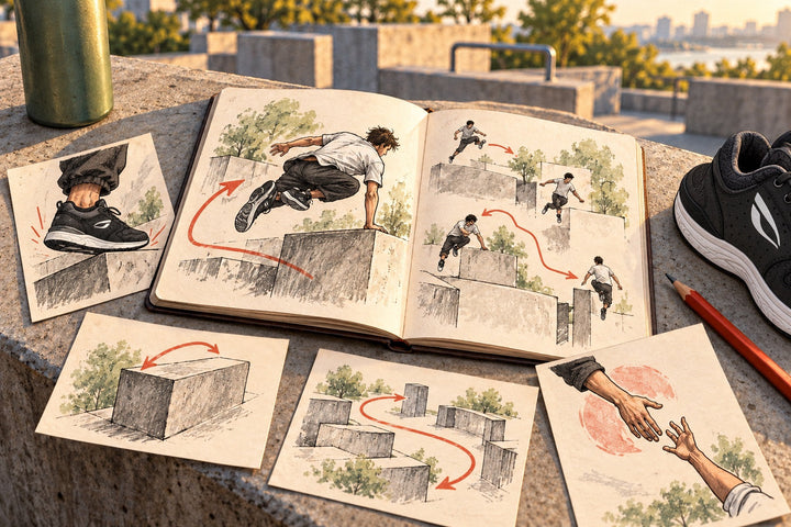 Ilustración de una libreta con pequeños dibujos de colocación de pies, bloques bajos y recorridos de movimiento. La imagen muestra zapatillas JIYO FLOW.