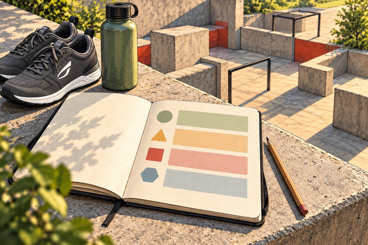Ilustración de un plan de entrenamiento sencillo en una libreta junto a unas zapatillas y una botella de agua. La imagen muestra zapatillas JIYO FLOW.