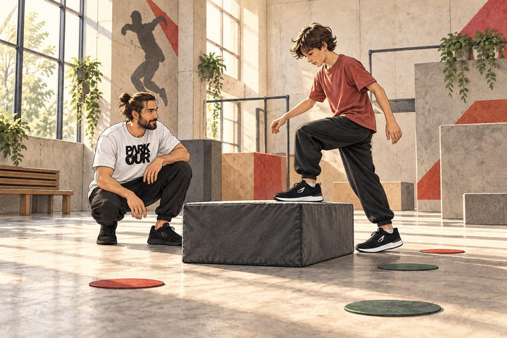 Ilustración de una persona que practica una subida tranquila a un bloque bajo con un instructor a su lado. La imagen muestra zapatillas JIYO FLOW.