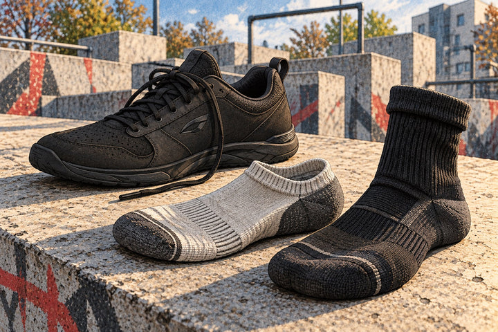 Ilustración de calcetines deportivos junto a unas zapatillas JIYO FLOW con tejidos y costuras visibles.