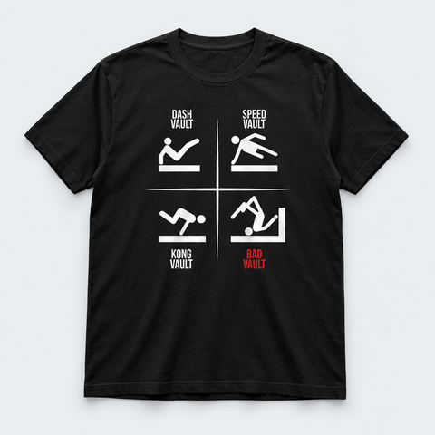 NEW: Fun "VAULTS" Parkour T-shirt, black w/ white