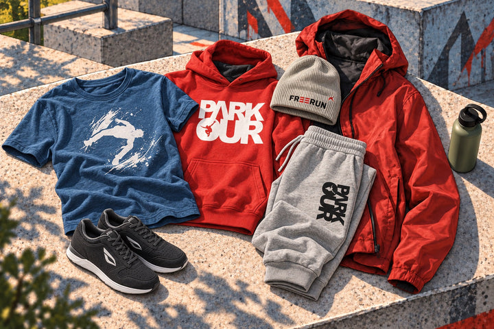 Ilustración de varias capas de ropa: una camiseta con un motivo de practicante, una sudadera roja con capucha Parkour, pantalones grises de parkour, un gorro y una chaqueta ligera.