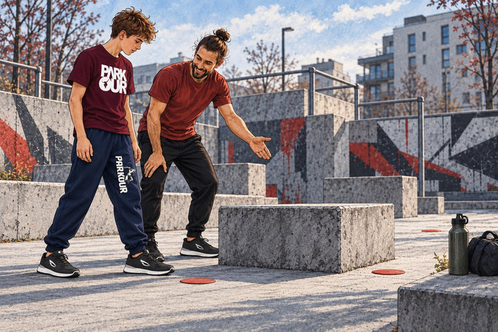 Ilustración de un chico adolescente con zapatillas JIYO FLOW y ropa con estampado Parkour, acompañado de un instructor junto a un bloque bajo.