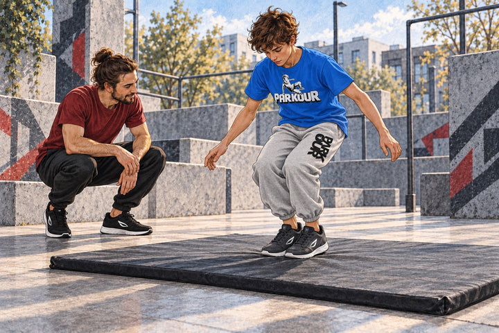 Ilustración de un joven deportista con zapatillas JIYO FLOW que termina un pequeño salto bajo indicaciones.