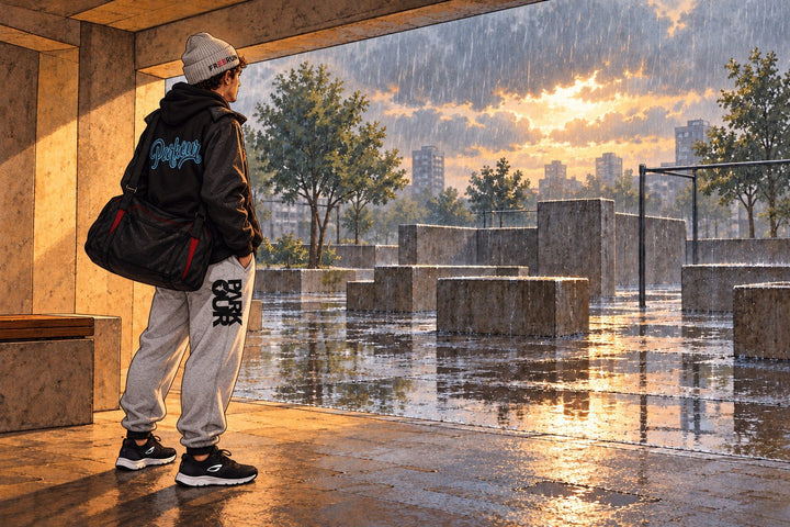 Ilustración de una persona resguardada que valora una zona de entrenamiento mojada con lluvia y charcos. La imagen muestra zapatillas JIYO FLOW.