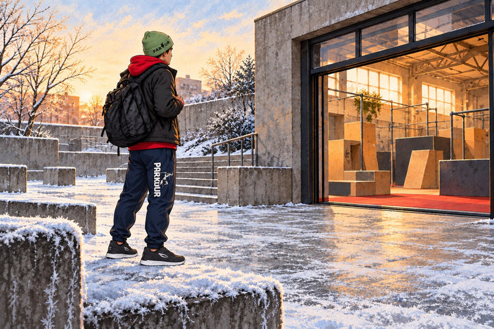 Ilustración de una zona de entrenamiento invernal al aire libre junto a una sala iluminada. La imagen muestra zapatillas JIYO FLOW.