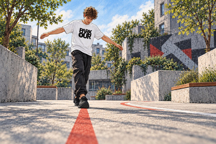 Ilustración de un chico adolescente con zapatillas JIYO FLOW que practica el equilibrio siguiendo una línea en el suelo.
