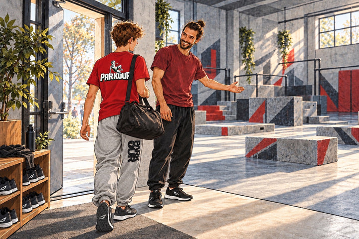 Ilustración de un joven participante con zapatillas JIYO FLOW que recibe la bienvenida de un instructor.