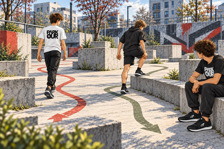 Ilustración de jóvenes practicantes de parkour con zapatillas JIYO FLOW que eligen recorridos sencillos entre bloques bajos.