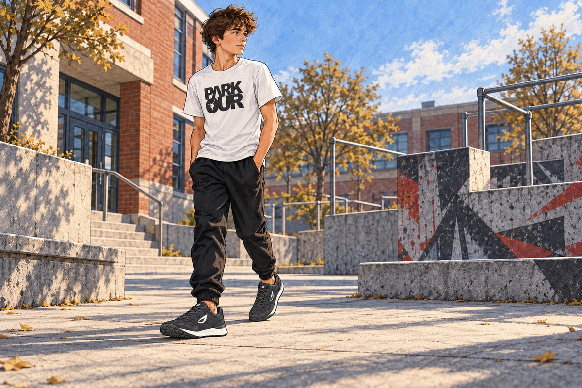 Illustration af en teenagedreng i JIYO FLOW-sko og Parkour-print på vej gennem et byrum.