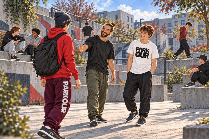 Ilustración de un joven participante con zapatillas JIYO FLOW que recibe la bienvenida a una jam de parkour.