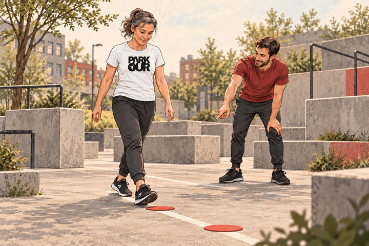 Ilustración de un adulto principiante que sigue una línea en el suelo con un instructor a su lado. La imagen muestra zapatillas JIYO FLOW.