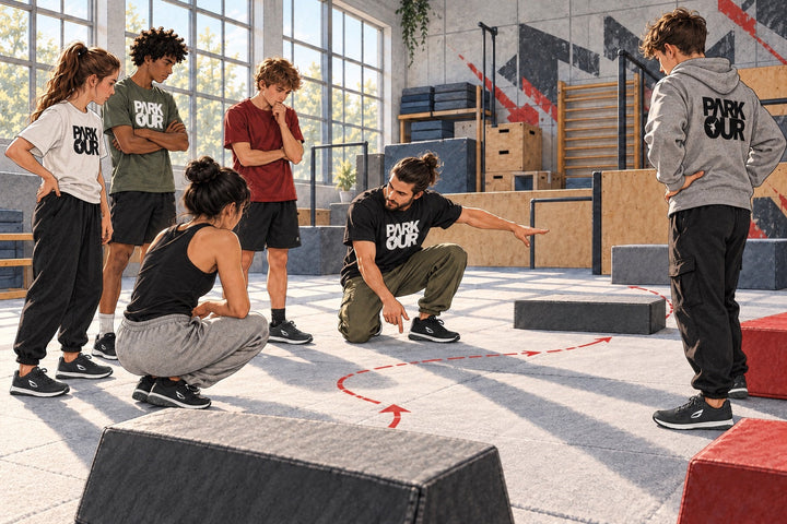 Ilustración de un instructor que presenta un recorrido sencillo de entrenamiento a jóvenes con zapatillas JIYO FLOW.