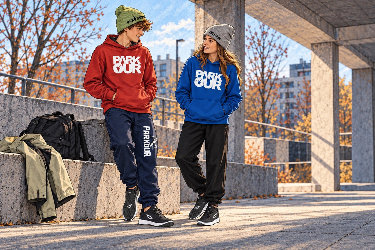 Illustration af unge udøvere i Parkour-hoodies, huer og lange parkourbukser med JIYO FLOW-sko på en kølig dag.