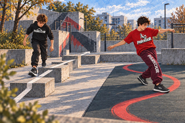 Ilustración de chicos adolescentes con zapatillas JIYO FLOW que muestran un recorrido directo y una línea de movimiento más creativa.