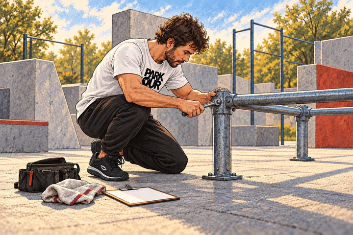 Ilustración de la revisión de una unión en una estructura de entrenamiento mientras no se utiliza. La imagen muestra zapatillas JIYO FLOW.
