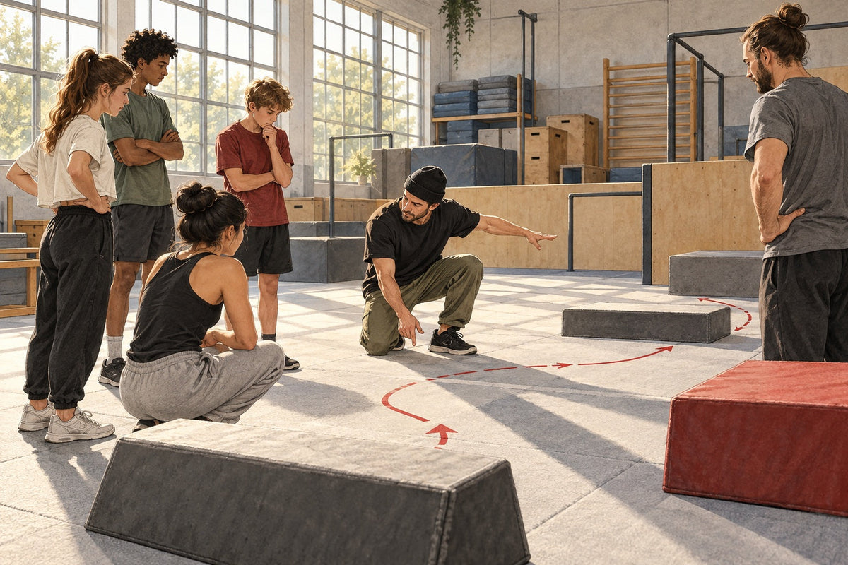 Kuvitus ohjaajasta, joka esittelee yksinkertaisen parkourtehtävän voimistelusalissa.