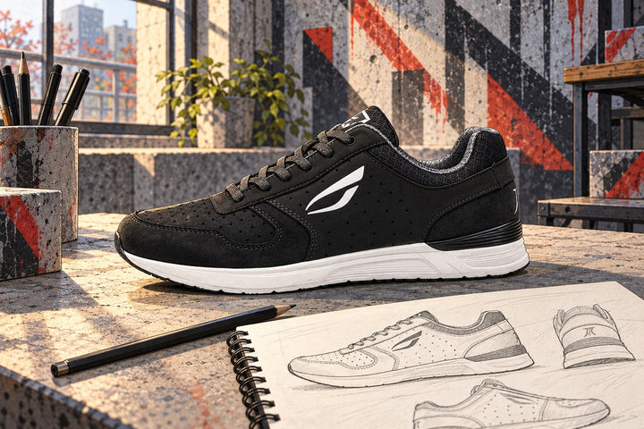 Ilustración de una zapatilla JIYO FLOW junto a bocetos de diseño sobre una mesa de trabajo.