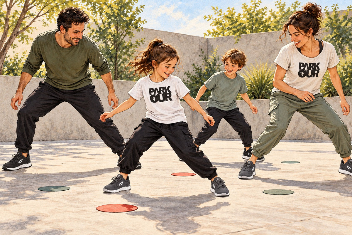 Illustrasjon av en familie som leker med speiling og enkle skritt på et plant område. Motivet viser JIYO FLOW-sko.