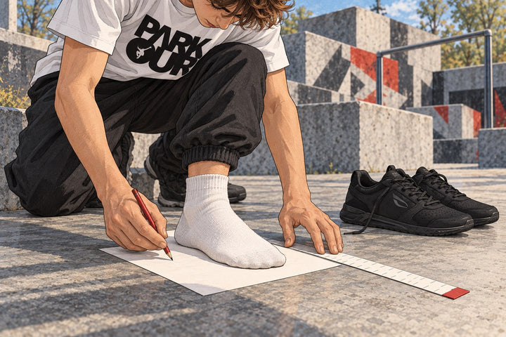 Ilustración de la medición de un pie con calcetín junto a unas zapatillas JIYO FLOW.