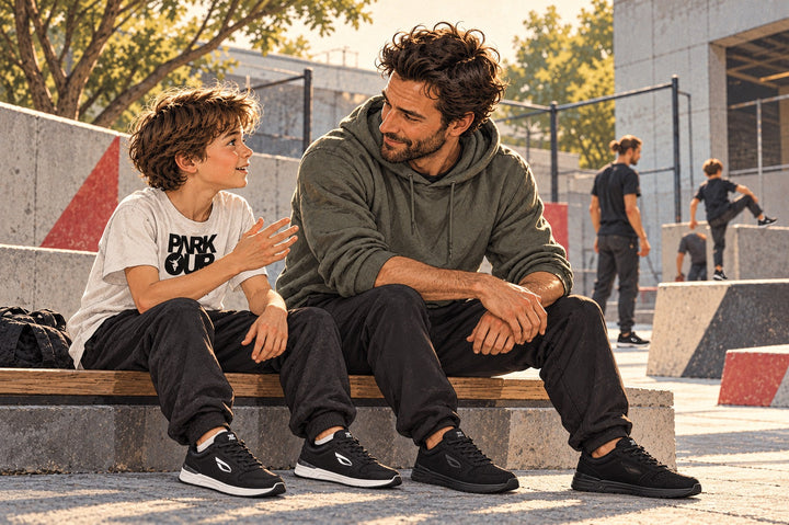 Ilustración de una madre o un padre que escucha la experiencia de su hijo después de entrenar parkour. La imagen muestra zapatillas JIYO FLOW.