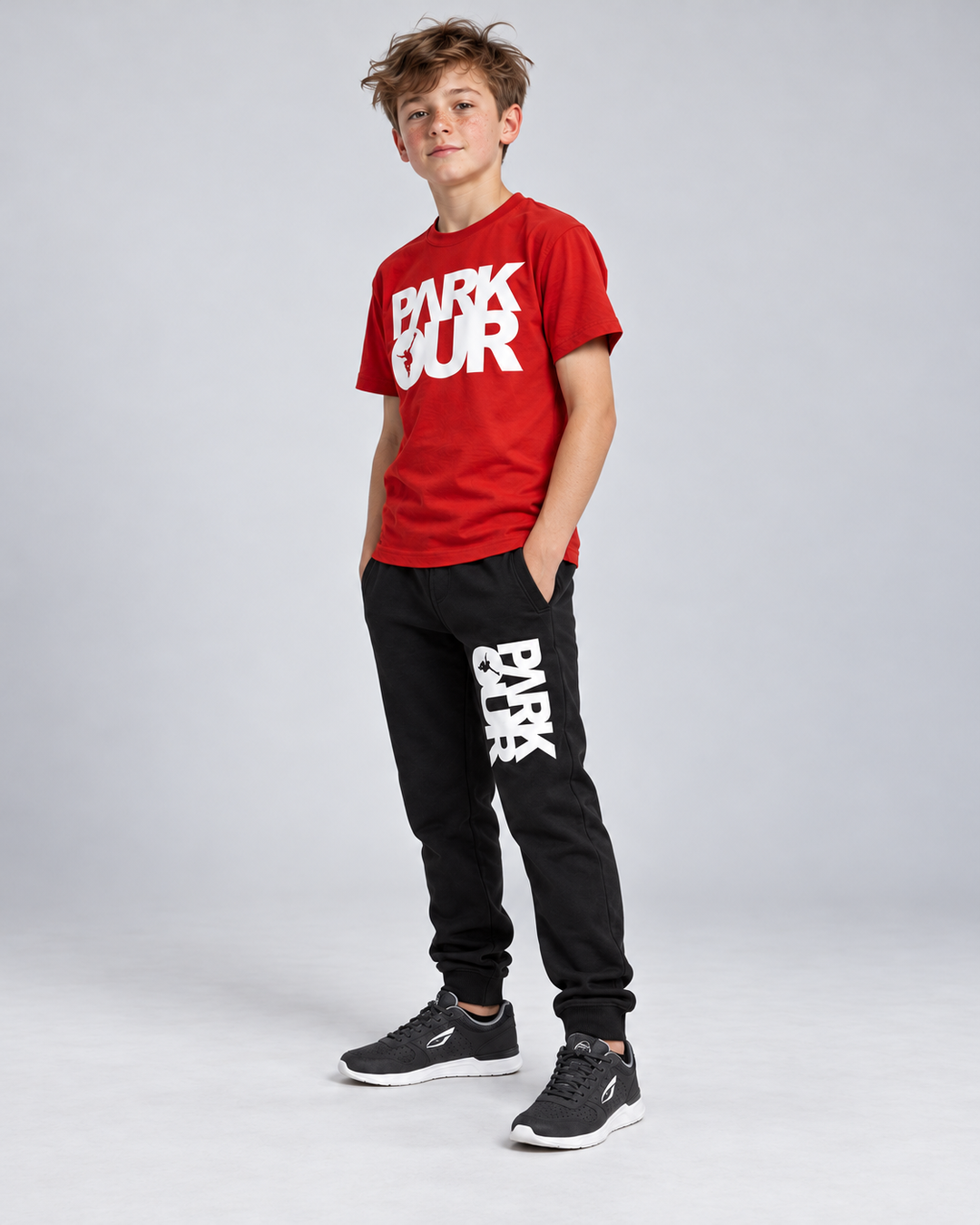 Rød Parkour T-shirt med hvidt box-logo – på model fra siden