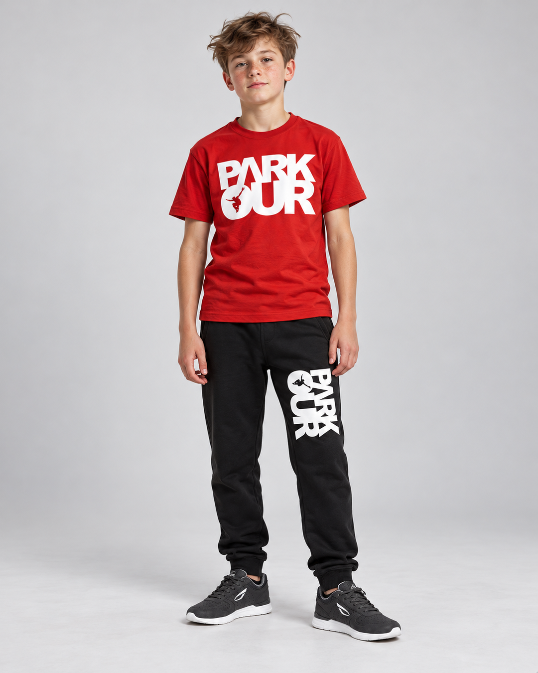 Rød Parkour T-shirt med hvidt box-logo – på model forfra