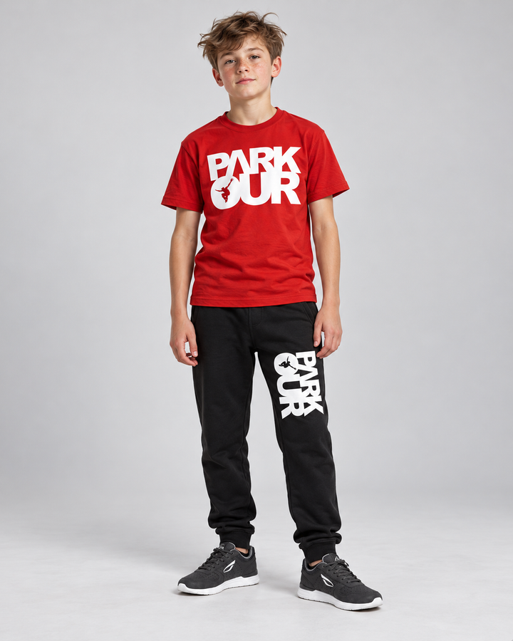Rød Parkour T-shirt med hvidt box-logo – på model forfra