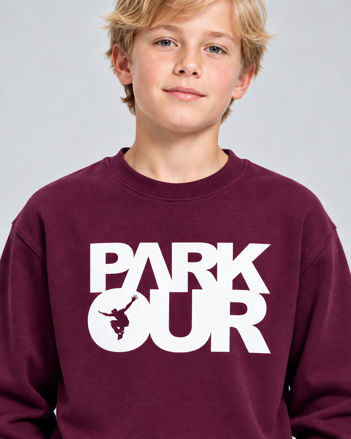 Sweatshirt m/ Parkour box, bordeaux/hvid – detalje af tryk og materiale