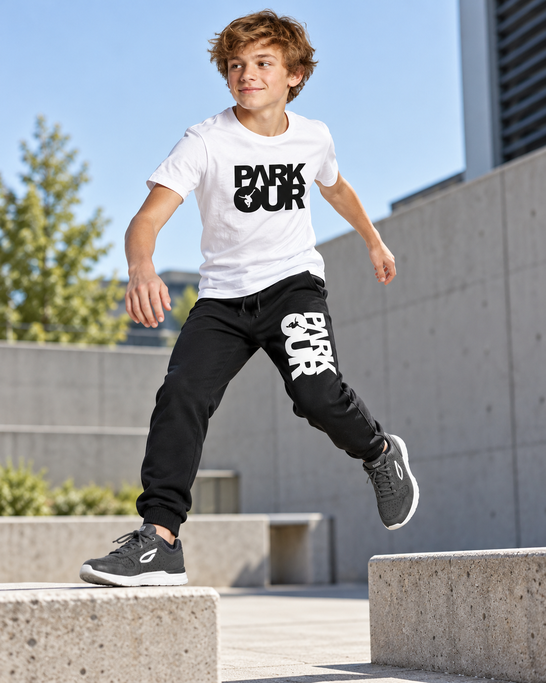Samme model i hvid Parkour T-shirt, YOUNG Street-bukser og JIYO Flow 2.0 under parkourtræning