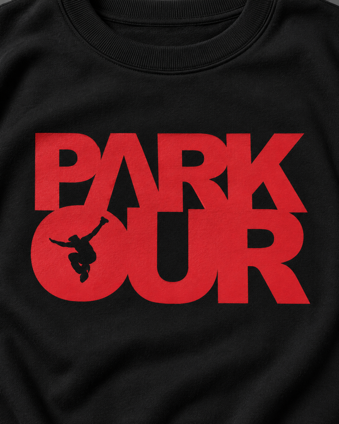 Sweatshirt m/ Parkour box, sort/rød – detalje af logo og materiale