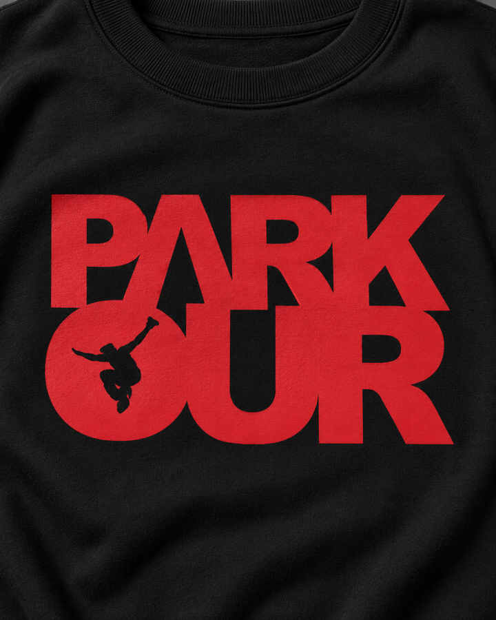 Sweatshirt m/ Parkour box, sort/rød – detalje af logo og materiale