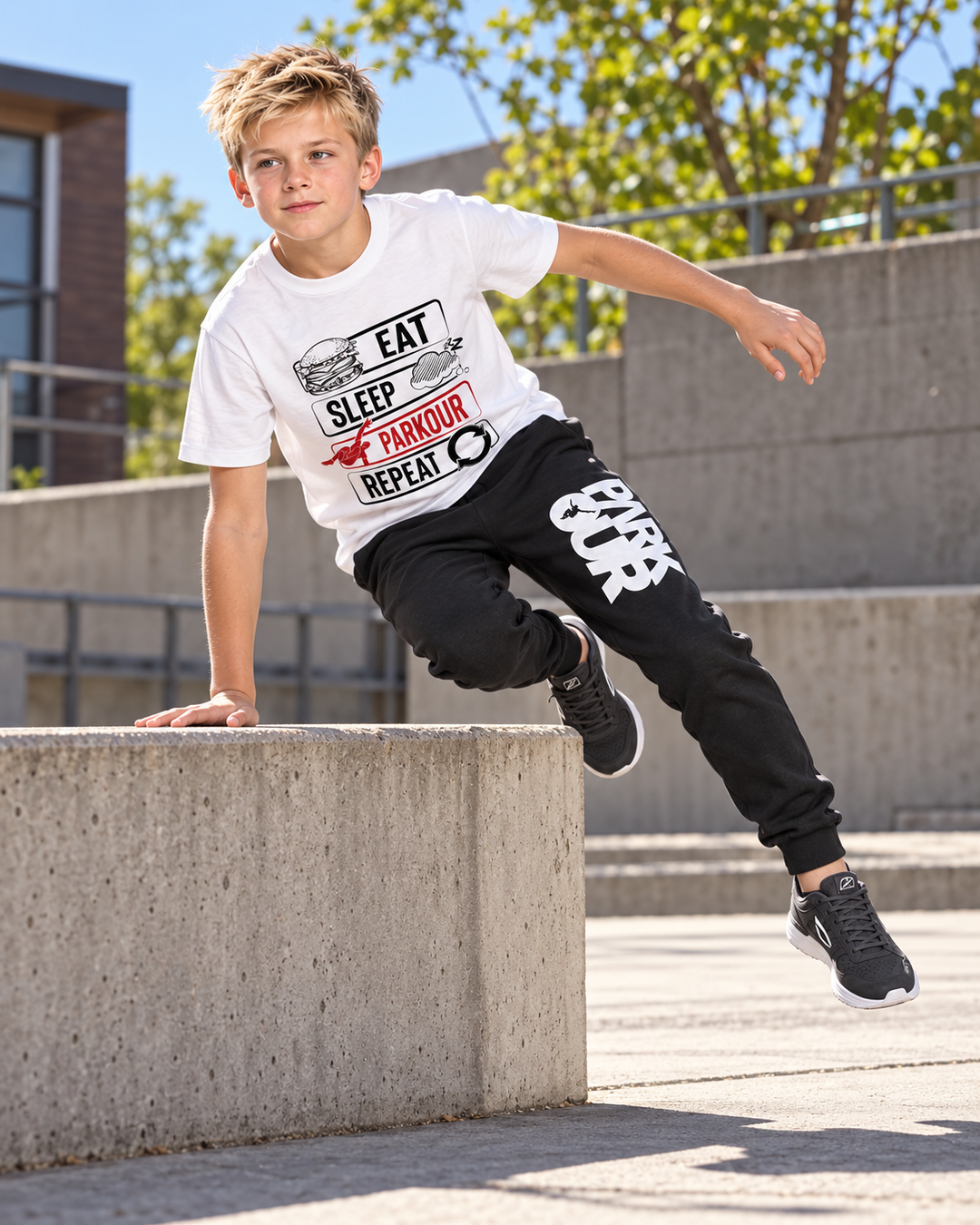 "Eat - Sleep - Parkour - Repeat" – i brug under parkour