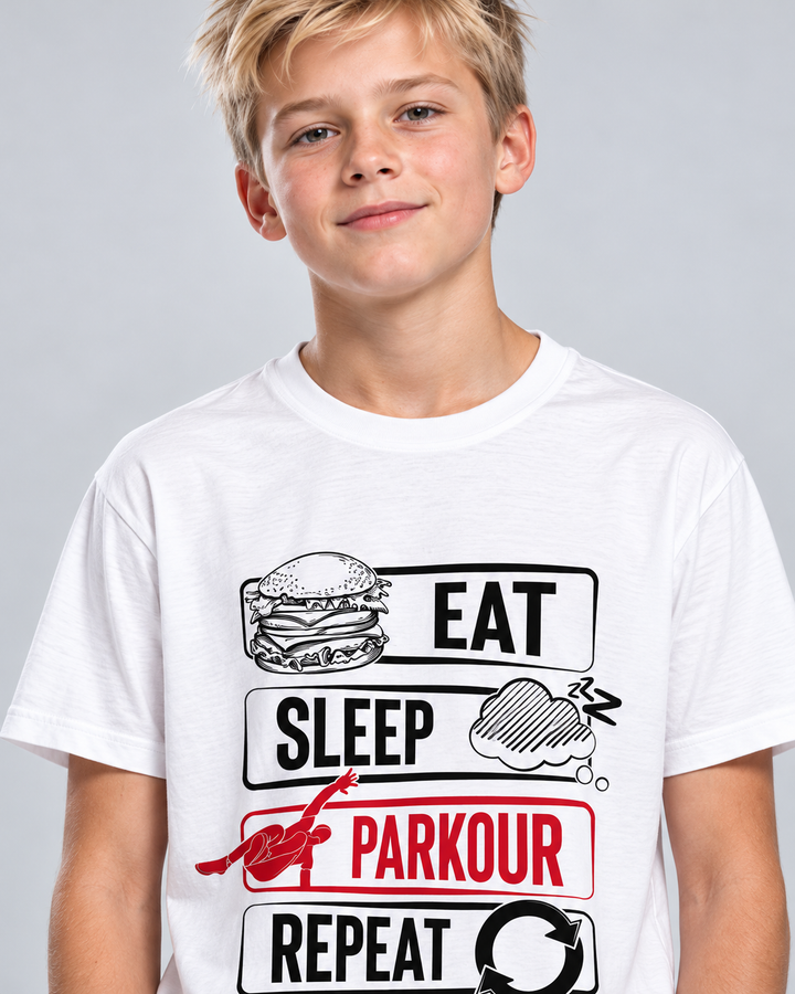 "Eat - Sleep - Parkour - Repeat" – detalje af tryk og materiale