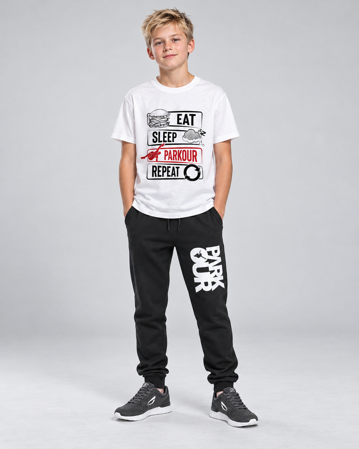 "Eat - Sleep - Parkour - Repeat" – på model forfra