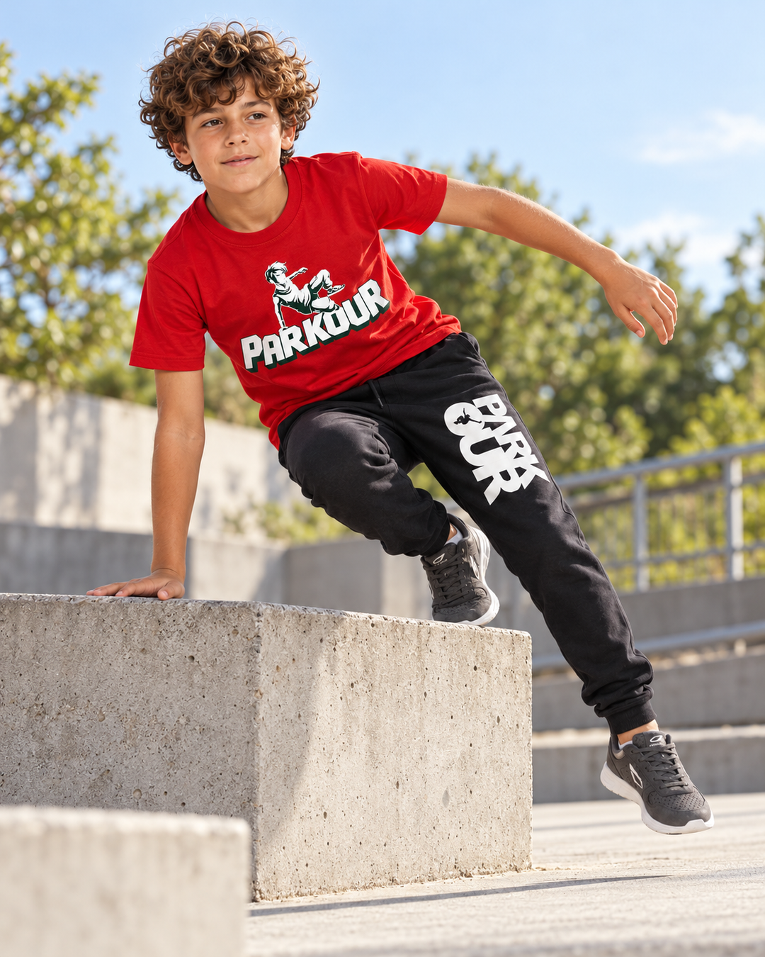 Parkour T-shirt med udøver, rød – i brug under parkour