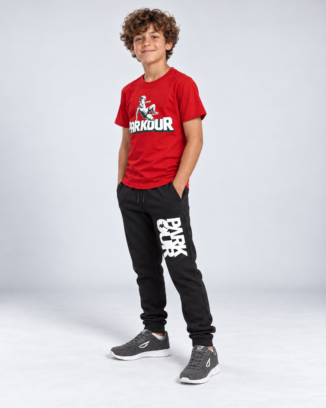 Parkour T-shirt med udøver, rød – på model fra siden