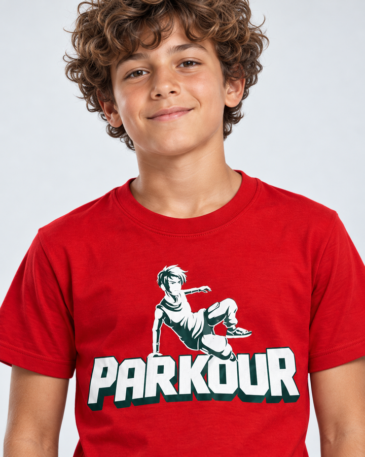 Parkour T-shirt med udøver, rød – detalje af tryk og materiale