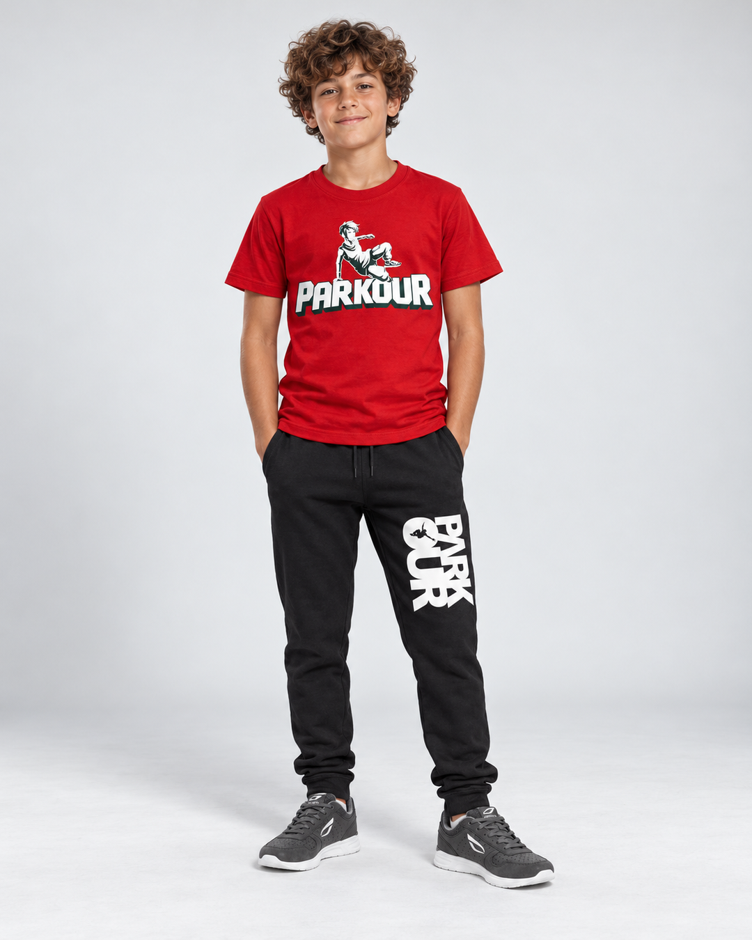 Parkour T-shirt med udøver, rød – på model forfra